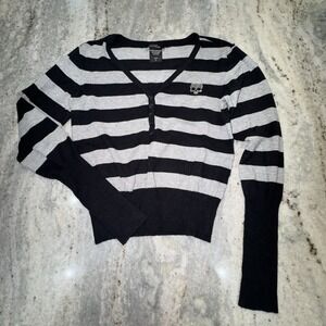 Y2K Social Collision Stripped Knit Henley Sweater Punk Grunge Skull Sz L Womens